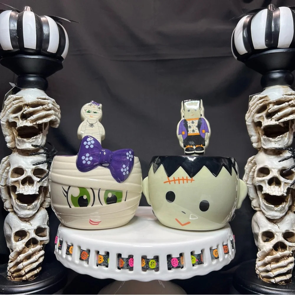 Ceramic Halloween Frankenstein & Bow Mummy Dip Bowls & Matching Spreaders - Picture 1 of 14